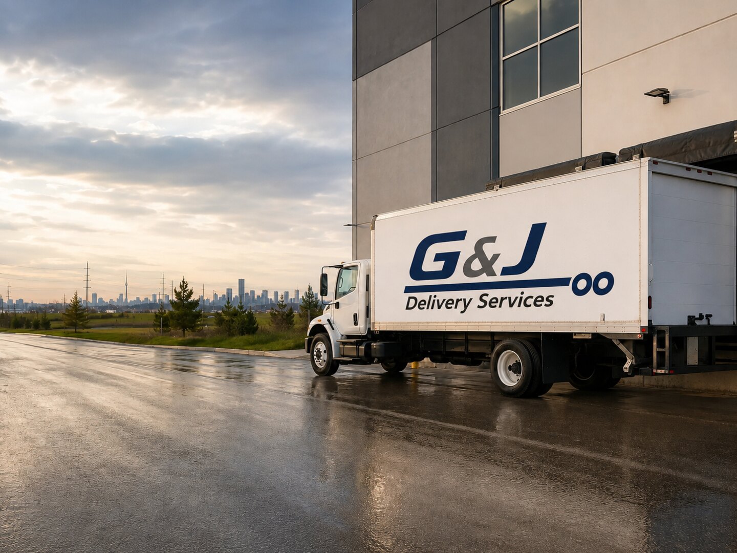 G & J Delivery Services straight truck positioned at a commercial loading dock